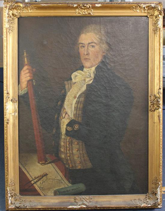 Candido (19th C. French School) Portrait of a sea captain, half length, holding a telescope, with a chart before him, 29 x 39in.